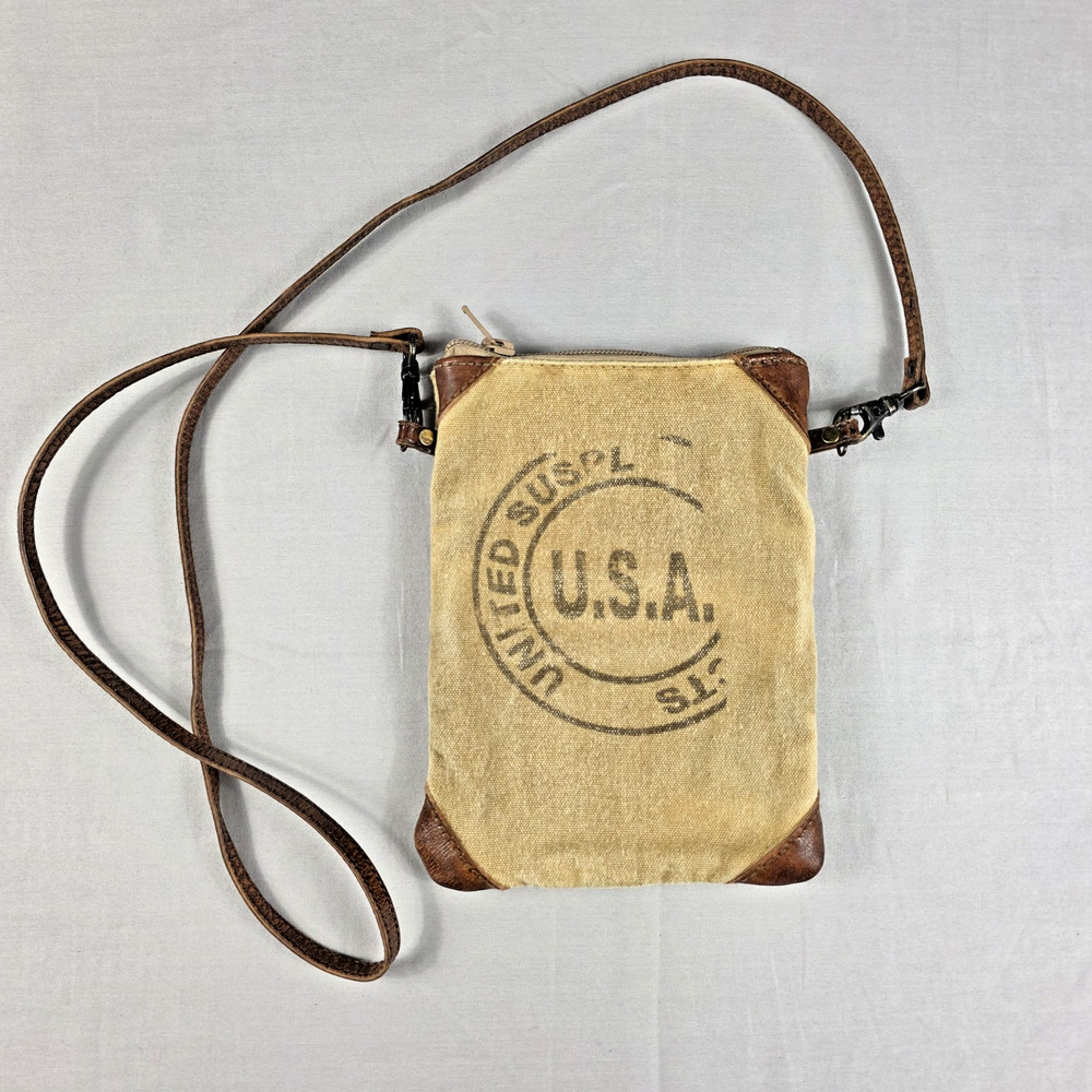 Mona B Upcycled Canvas Leather Crossbody Bag USA Graphic Travel Passport Pouch